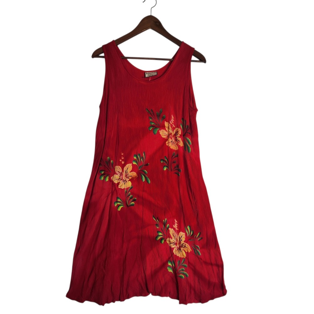 Tropical Batik Red Floral Hibiscus Sleeveless Shift Dress OS Made Indonesia